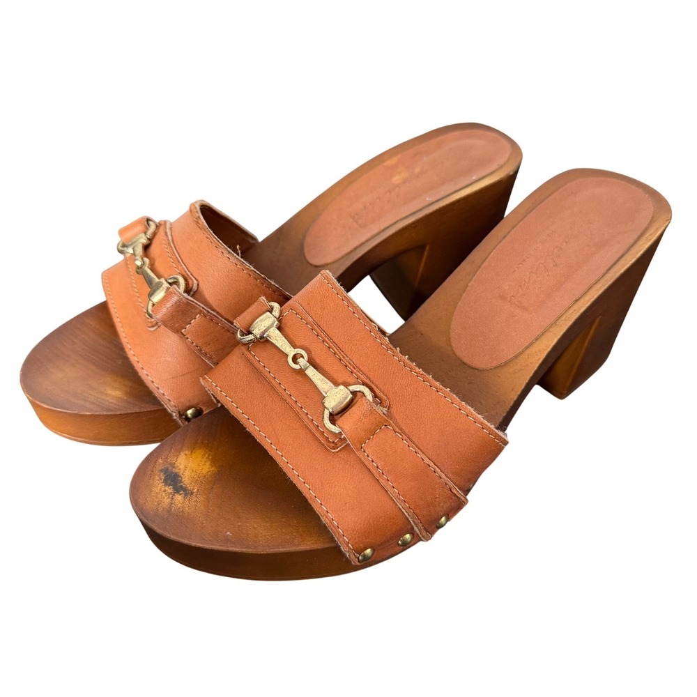 Horsebit BOHO Y2K Wooden Platform Clog Mules Womens Size 39 US 8.5 Brown Slides